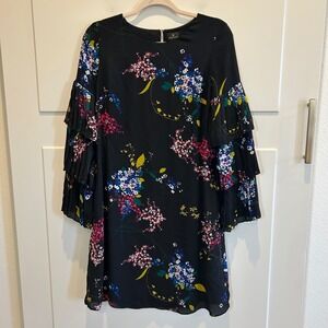 WORTHINGTON Womens Black Floral Tiered Sleeve‎ A Line Dress Size 6 Cottage Fairy